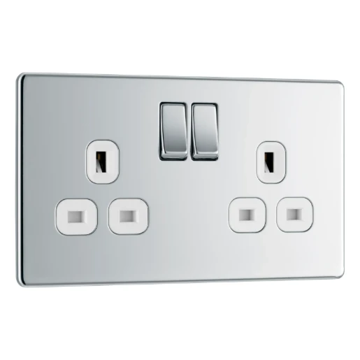 Socket Outlet Switched Double Pole Flatplate Screwless 2 Gang 13A Polished Chrome