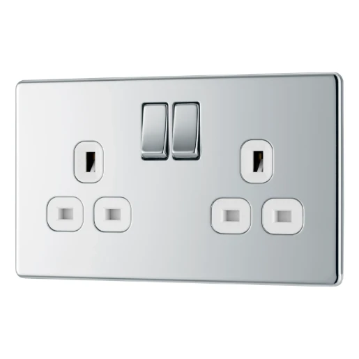 Socket Outlet Switched Double Pole Flatplate Screwless 2 Gang 13A Polished Chrome