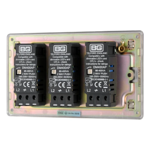 Switch Push Dimmer LED Decorative Flatplate Screwless 3 Gang 2 Way 400W/100W Brushed Steel