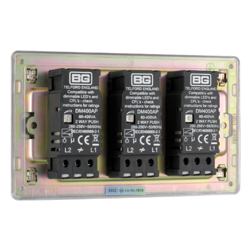 Switch Push Dimmer LED Decorative Flatplate Screwless 3 Gang 2 Way 400W/100W Brushed Steel