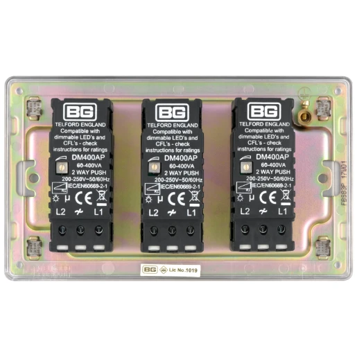 Switch Push Dimmer LED Decorative Flatplate Screwless 3 Gang 2 Way 400W/100W Brushed Steel