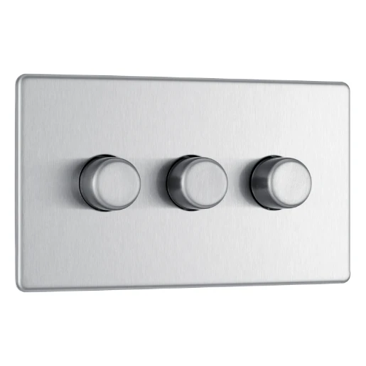 Switch Push Dimmer LED Decorative Flatplate Screwless 3 Gang 2 Way 400W/100W Brushed Steel