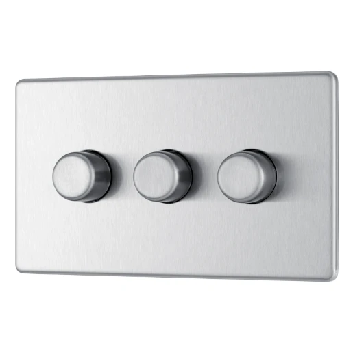 Switch Push Dimmer LED Decorative Flatplate Screwless 3 Gang 2 Way 400W/100W Brushed Steel
