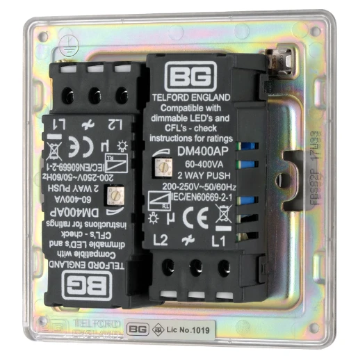Switch Push Dimmer LED Decorative Flatplate Screwless 2 Gang 2 Way 400W/100W Brushed Steel