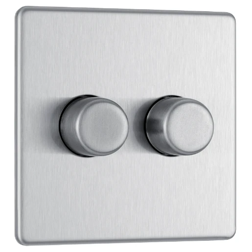 Switch Push Dimmer LED Decorative Flatplate Screwless 2 Gang 2 Way 400W/100W Brushed Steel