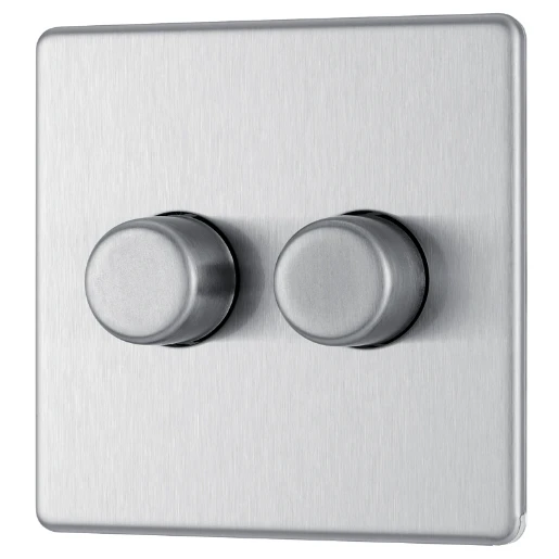 Switch Push Dimmer LED Decorative Flatplate Screwless 2 Gang 2 Way 400W/100W Brushed Steel