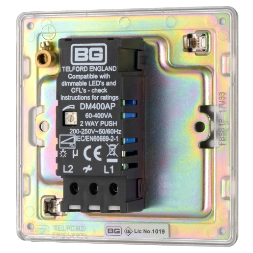 Switch Push Dimmer LED Decorative Flatplate Screwless 1 Gang 2 Way 400W/100W Brushed Steel