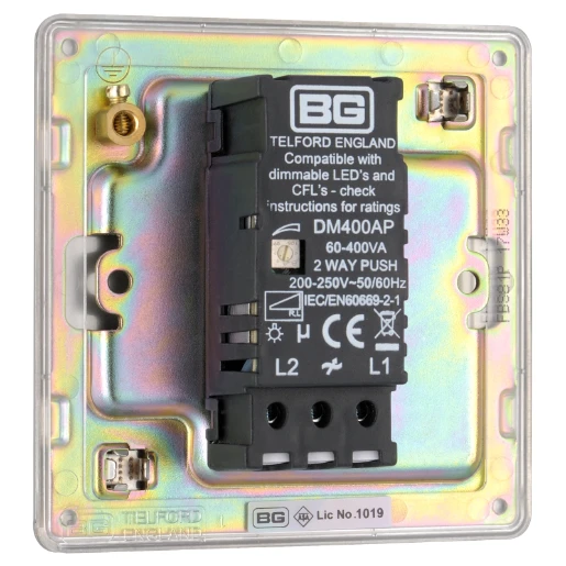 Switch Push Dimmer LED Decorative Flatplate Screwless 1 Gang 2 Way 400W/100W Brushed Steel