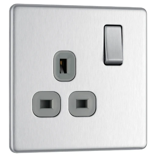 Socket Outlet Switched Double Pole Flatplate Screwless 1 Gang 13A Brushed Steel