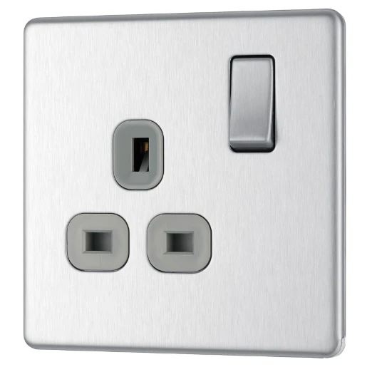 Socket Outlet Switched Double Pole Flatplate Screwless 1 Gang 13A Brushed Steel