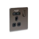 Socket Outlet Switched Double Pole Flatplate Screwless 1 Gang 13A Black Nickel with 2 x USB Charger