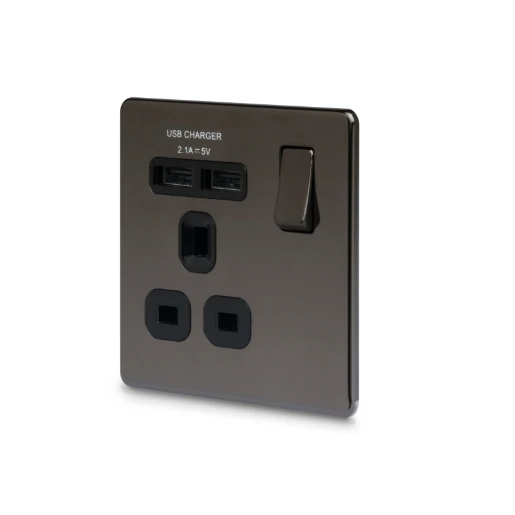 Socket Outlet Switched Double Pole Flatplate Screwless 1 Gang 13A Black Nickel with 2 x USB Charger