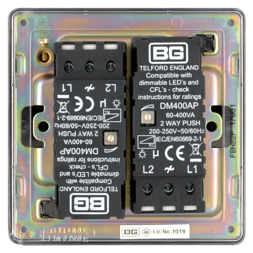 Switch Push Dimmer LED Decorative Flatplate Screwless 2 Gang 2 Way 400W/100W Black Nickel