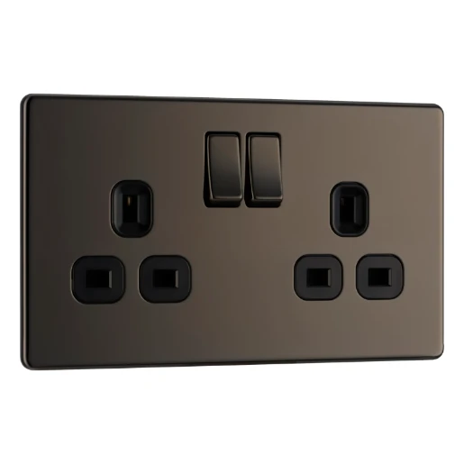 Socket Outlet Switched Double Pole Flatplate Screwless 2 Gang 13A Black Nickel