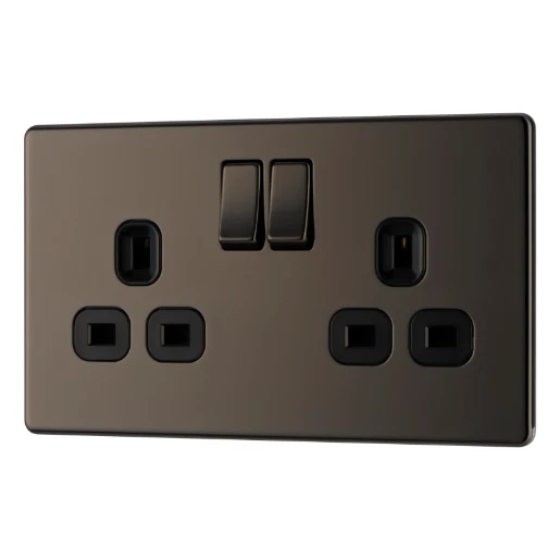 Socket Outlet Switched Double Pole Flatplate Screwless 2 Gang 13A Black Nickel