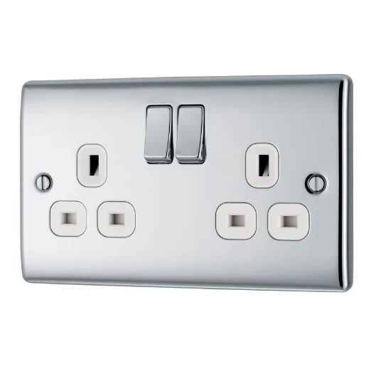 Socket Outlet Switched Double Pole Raised Edge 2 Gang 13A Polished Chrome