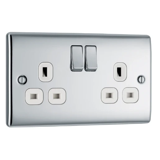 Socket Outlet Switched Double Pole Raised Edge 2 Gang 13A Polished Chrome