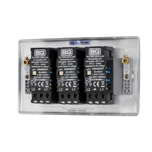 Switch Push Dimmer LED Decorative Raised Edge 3 Gang 2 Way 400W/100W Brushed Steel
