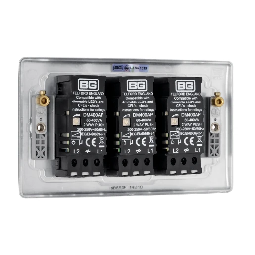 Switch Push Dimmer LED Decorative Raised Edge 3 Gang 2 Way 400W/100W Brushed Steel