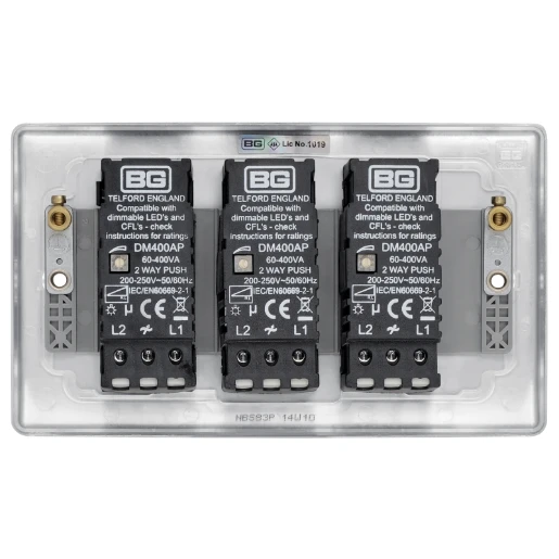 Switch Push Dimmer LED Decorative Raised Edge 3 Gang 2 Way 400W/100W Brushed Steel