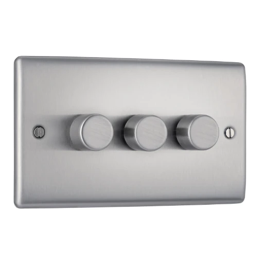 Switch Push Dimmer LED Decorative Raised Edge 3 Gang 2 Way 400W/100W Brushed Steel