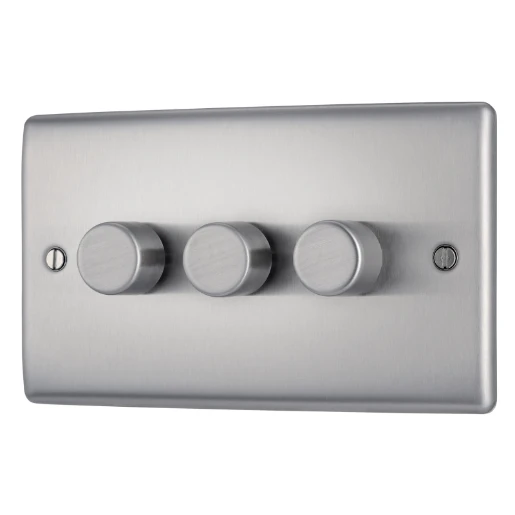 Switch Push Dimmer LED Decorative Raised Edge 3 Gang 2 Way 400W/100W Brushed Steel