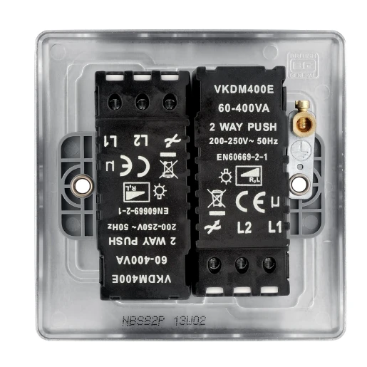 Switch Push Dimmer LED Decorative Raised Edge 2 Gang 2 Way 400W/100W Brushed Steel
