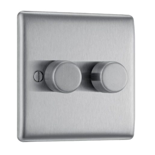 Switch Push Dimmer LED Decorative Raised Edge 2 Gang 2 Way 400W/100W Brushed Steel
