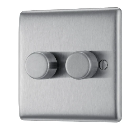 Switch Push Dimmer LED Decorative Raised Edge 2 Gang 2 Way 400W/100W Brushed Steel
