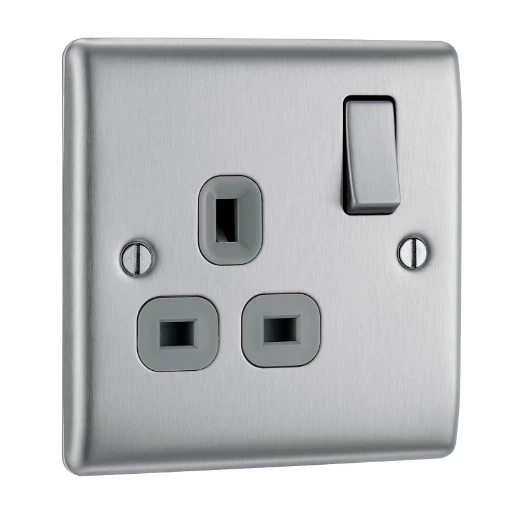 Socket Outlet Switched Double Pole Raised Edge 1 Gang 13A Brushed Steel