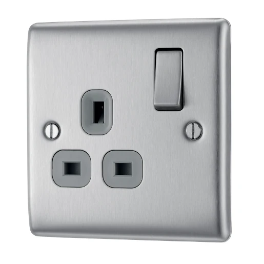 Socket Outlet Switched Double Pole Raised Edge 1 Gang 13A Brushed Steel