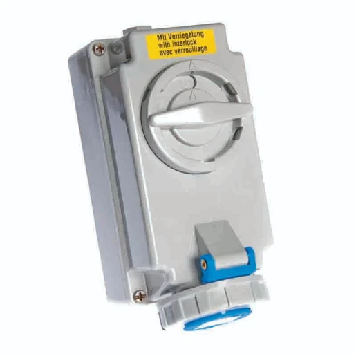 Industrial Power Socket Switch Interlocked Surface 2P+E 16A 230V IP67 Blue