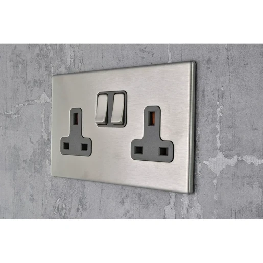 Socket 2 Gang Switched 13A 146 x 86mm Satin Steel Quartz Grey