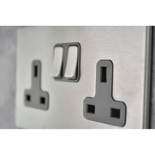 Socket 2 Gang Switched 13A 146 x 86mm Satin Steel Quartz Grey