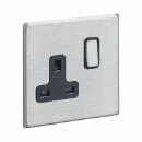 Socket 1 Gang Switched 13A 86X86mm Satin Steel Black Insert
