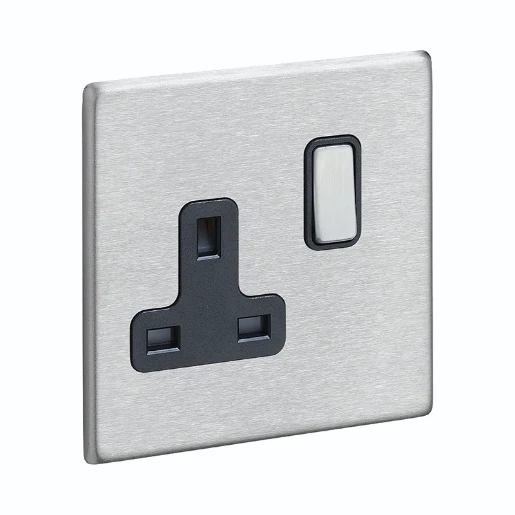 Socket 1 Gang Switched 13A 86X86mm Satin Steel Black Insert