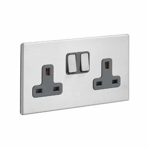 Socket 2 Gang Switched 13A 146 x 86mm Satin Steel Quartz Grey