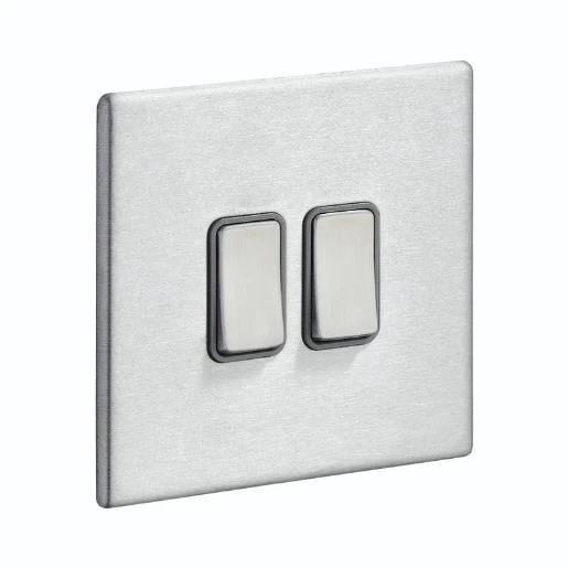 Switch Rocker 2 Gang 2 Way 10A 86X86mm Satin Steel Quartz Grey Insert