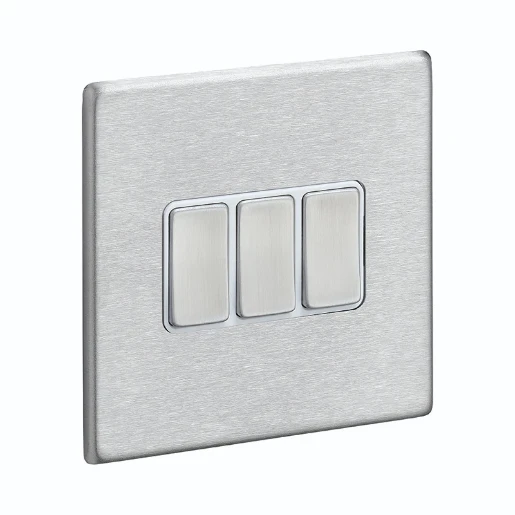 Switch Rocker 3 Gang 2 Way 10A 86X86mm Satin Steel White Insert