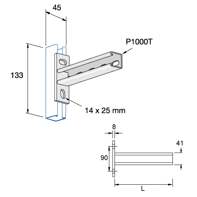 Cantilever Arm 90° 41X41 Sidefit Slot 300mm Steel Hot Dipped G