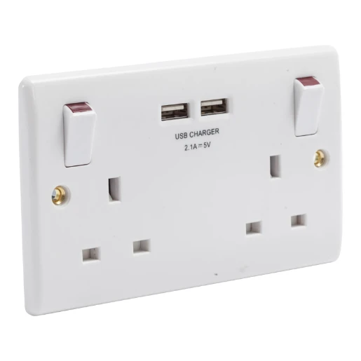 Socket 2 Gang Switched 2X USB 13A White Slimline