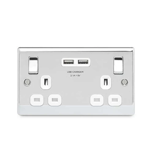 Polished Chrome 13A Switched Socket 2 Gang + 2 Usb (3.1A) White Insert
