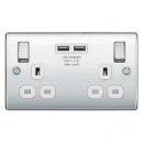 Polished Chrome 13A Switched Socket 2 Gang + 2 Usb (3.1A) White Insert