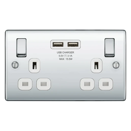 Polished Chrome 13A Switched Socket 2 Gang + 2 Usb (3.1A) White Insert