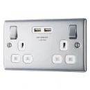 Polished Chrome 13A Switched Socket 2 Gang + 2 Usb (3.1A) White Insert