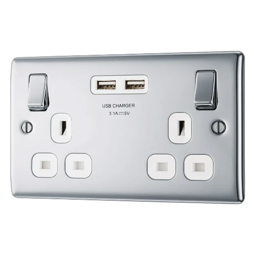 Polished Chrome 13A Switched Socket 2 Gang + 2 Usb (3.1A) White Insert