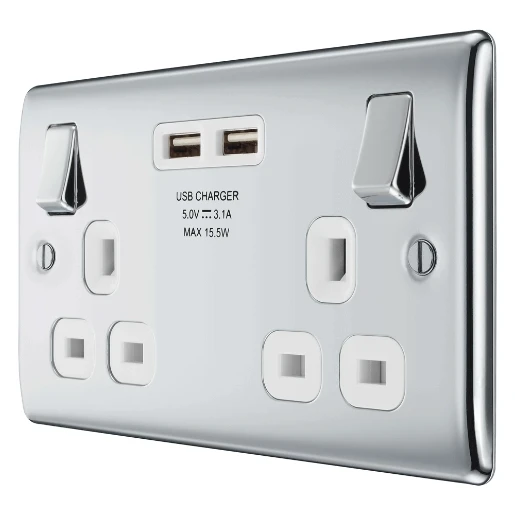 Polished Chrome 13A Switched Socket 2 Gang + 2 Usb (3.1A) White Insert