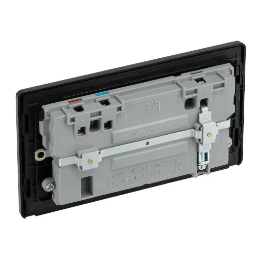 Matt Grey Evolve 2 Gang 13A 1x USB-QC A 27W 1x USB-PD C 30W Switched Socket Black Insert