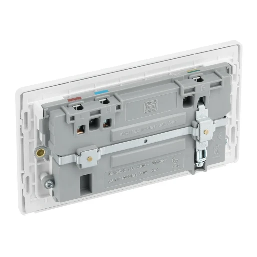 Pearlescent White Evolve 2 Gang 13A 1x USB-QC A 27W 1x USB-PD C 30W Switched Socket White Insert