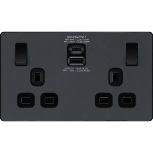 Matt Grey Evolve 2 Gang 13A 1x USB-QC A 27W 1x USB-PD C 30W Switched Socket Black Insert